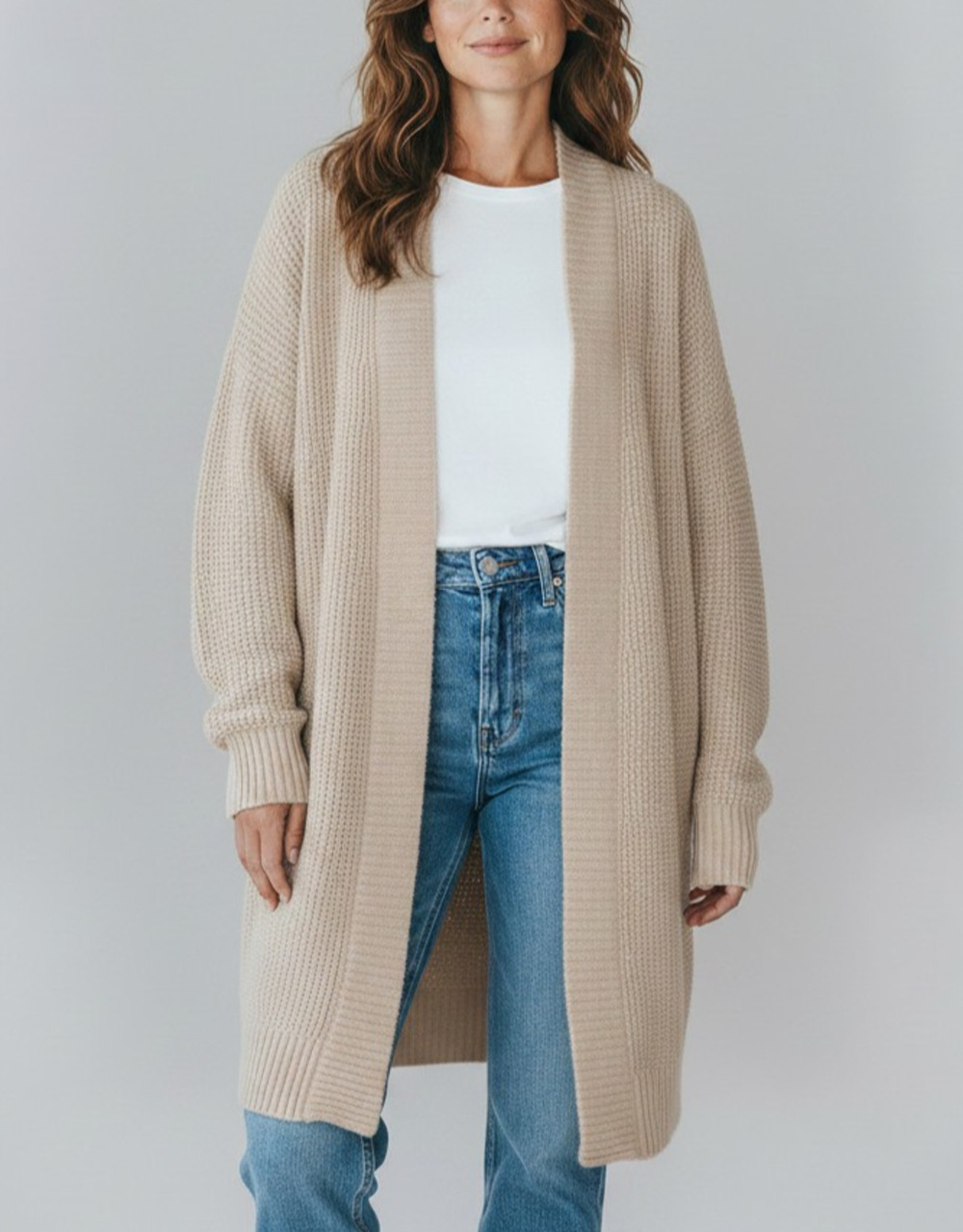 B5 EILEEN FISHER Beige Open Front Waffle Knit Lng Cashmere Cardigan Sweater Sz M